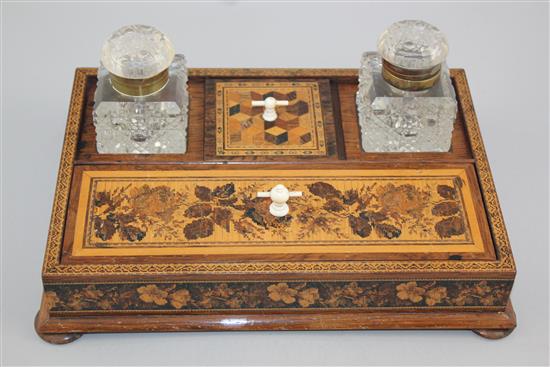 A Tunbridge ware rosewood floral mosaic and perspective cube inkstand, 10.5in.